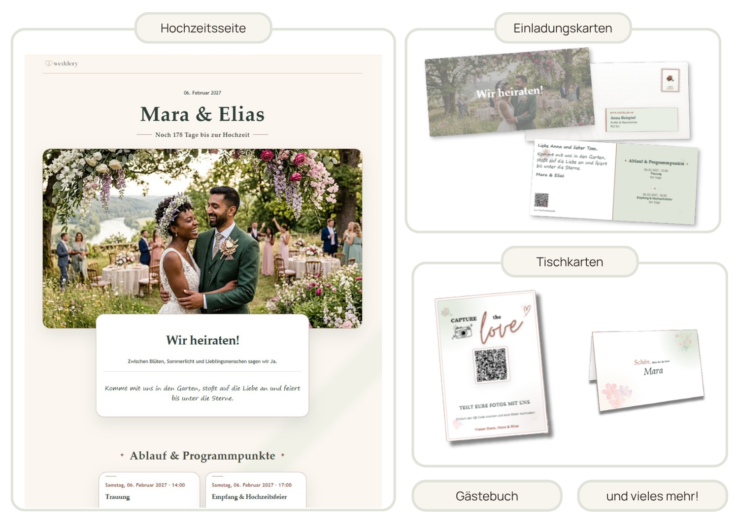 Design-Collage des Weddery Themes Flower für Hochzeitsseite und Papeterie
