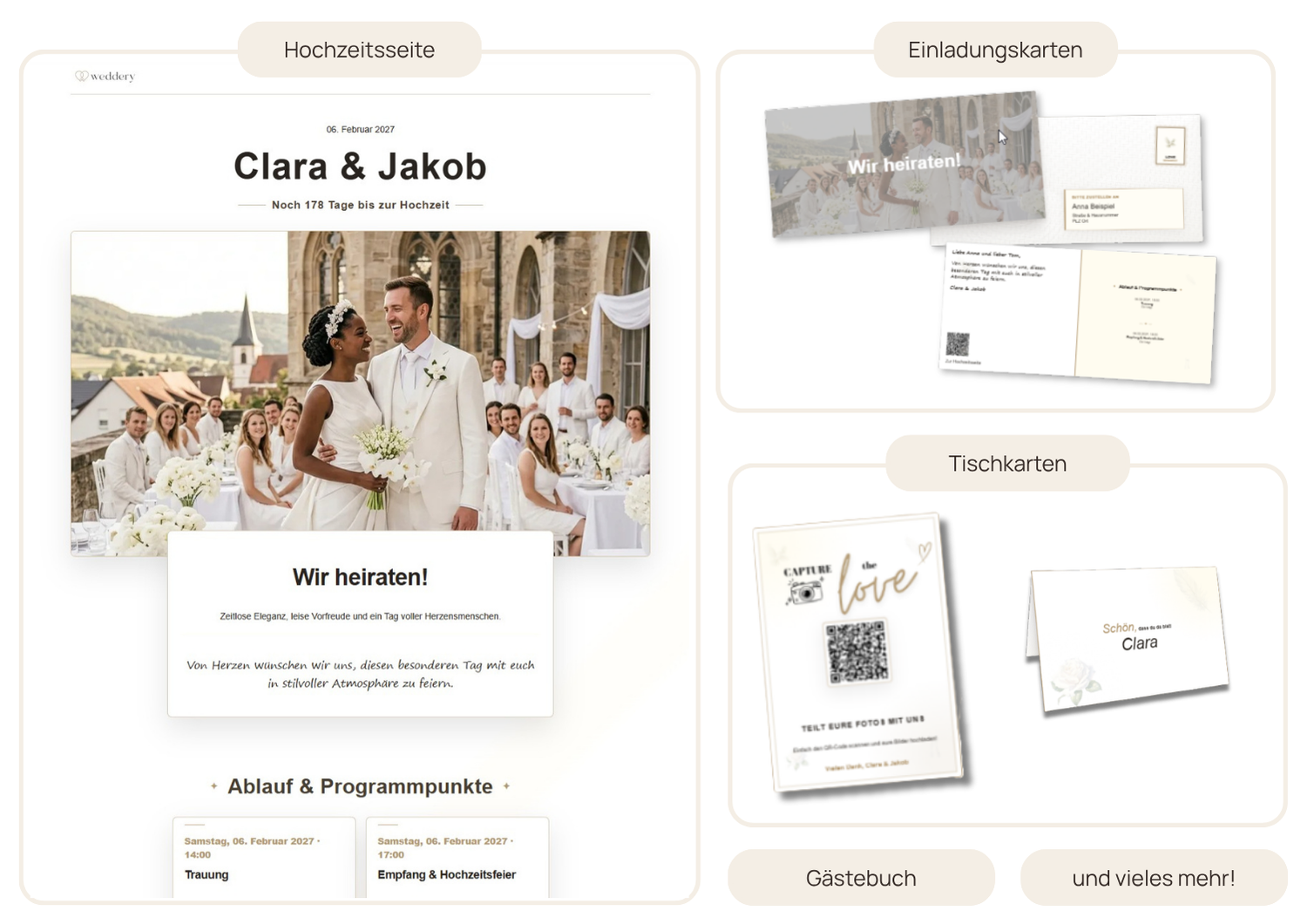 Design-Collage des Weddery Themes White Wedding für Hochzeitsseite und Papeterie