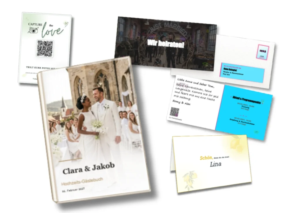 Weddery Einladung, QR-Tischkarte und Namenskarte im Hochzeitsdesign