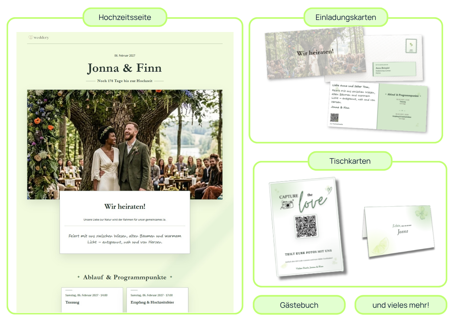 Design-Collage des Weddery Themes Nature für Hochzeitsseite und Papeterie