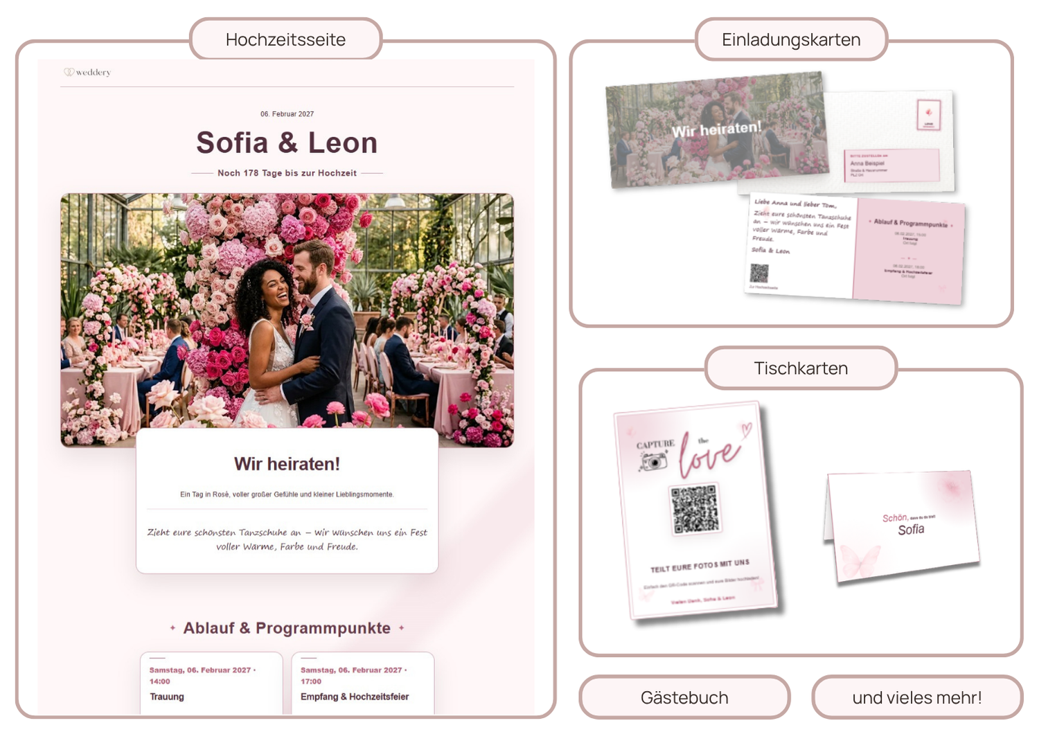 Design-Collage des Weddery Themes Pink für Hochzeitsseite und Papeterie