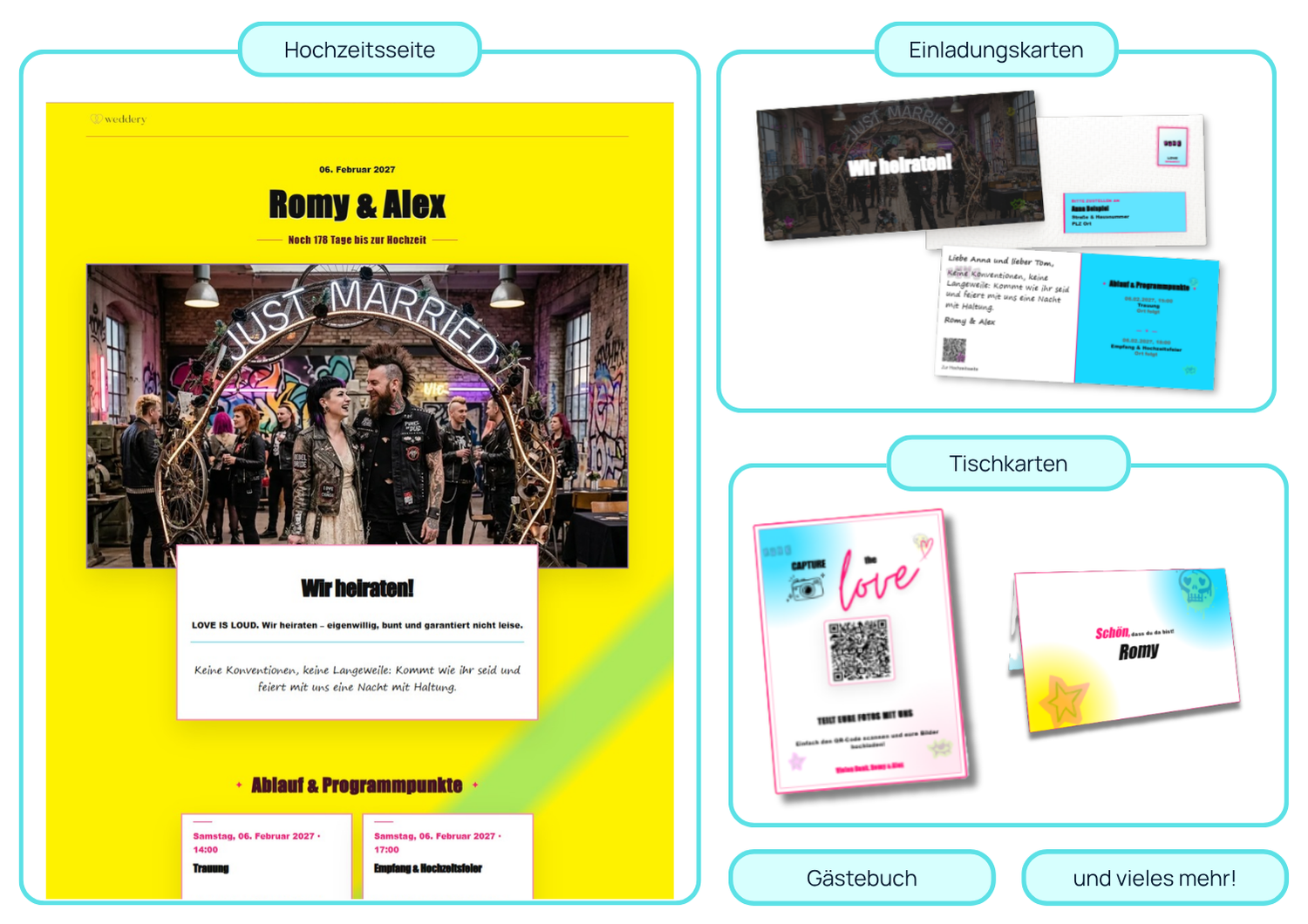 Design-Collage des Weddery Themes Punk für Hochzeitsseite und Papeterie