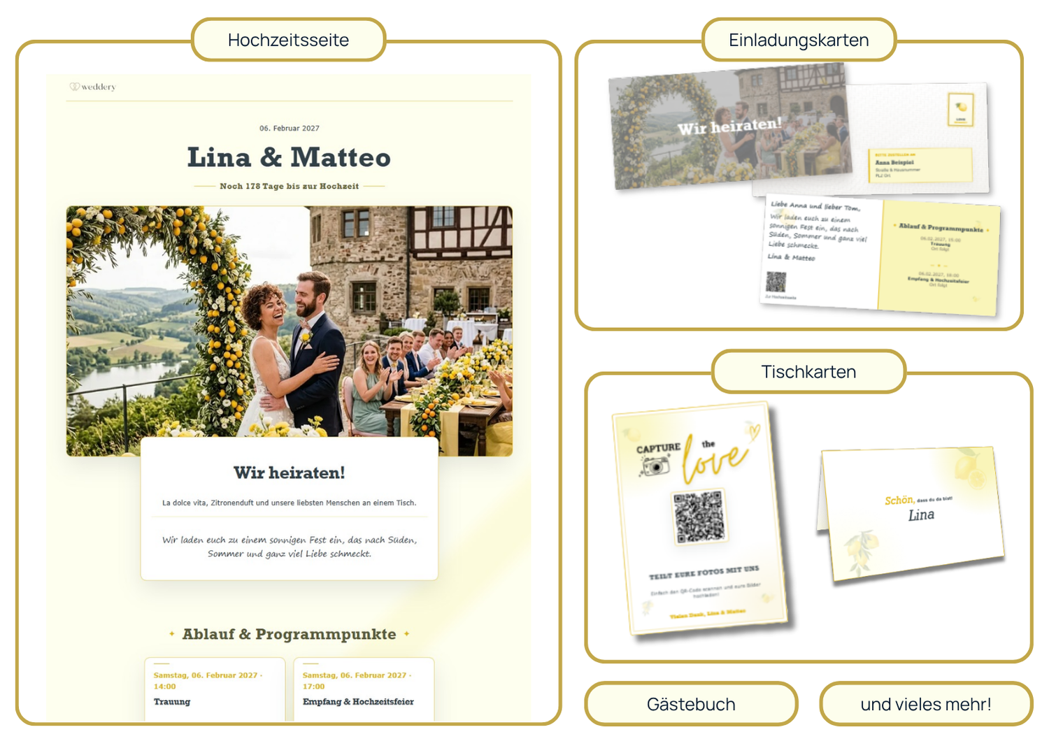 Design-Collage des Weddery Themes Zitrone für Hochzeitsseite und Papeterie